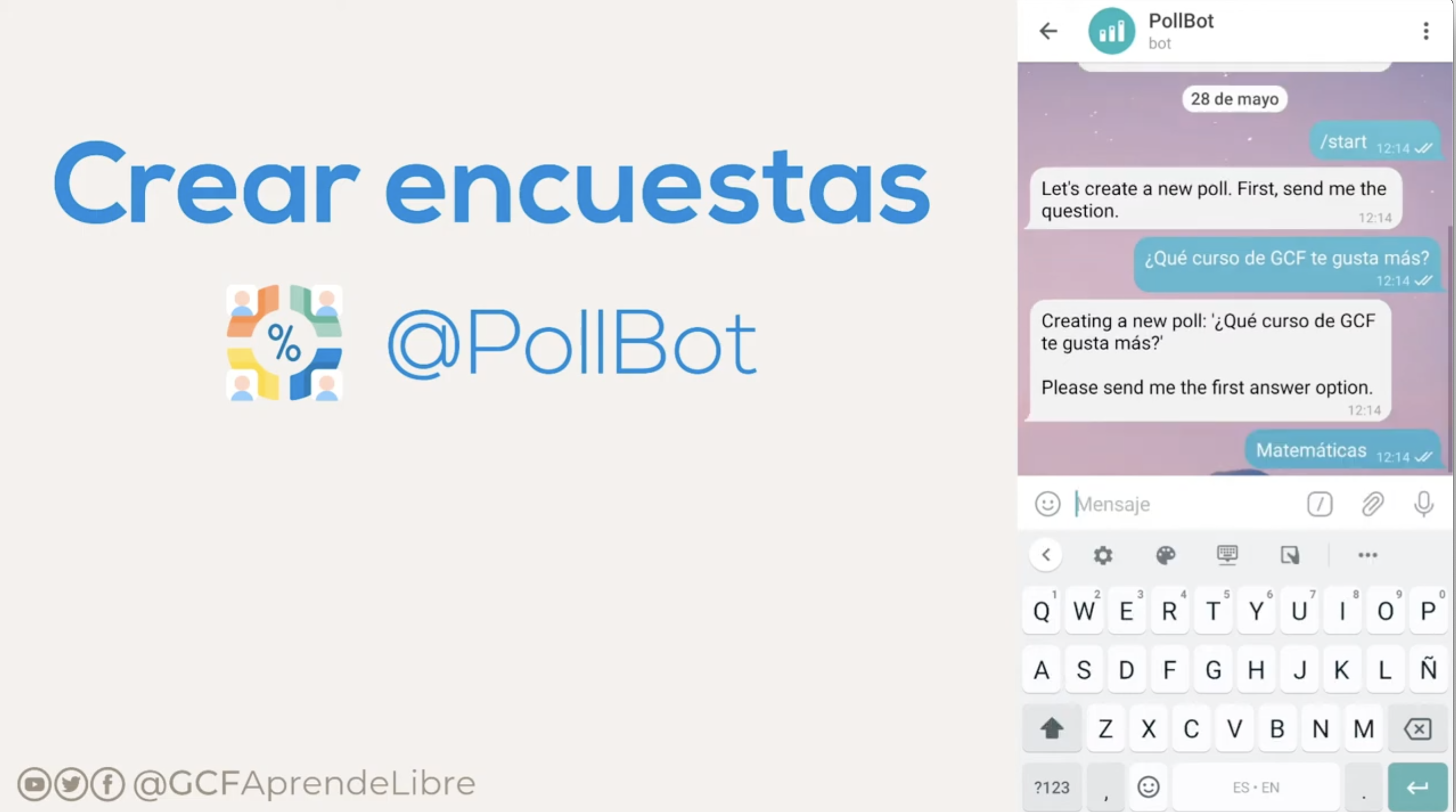 Este es un bot para crear encuestas en grupos. Con él podrás definir una pregunta y diversas opciones de respuesta. Si bien este bot está en inglés, podrás añadir todo en español y compartirlo en tus grupos en Telegram. 